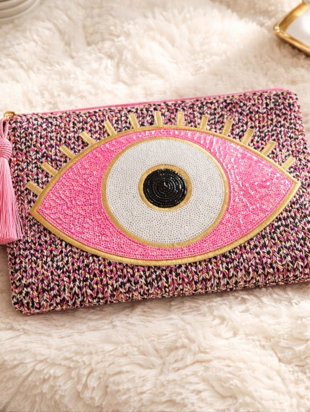 Pink Sequin Eye Embellished Clutch Wristlet Handmade In Greece